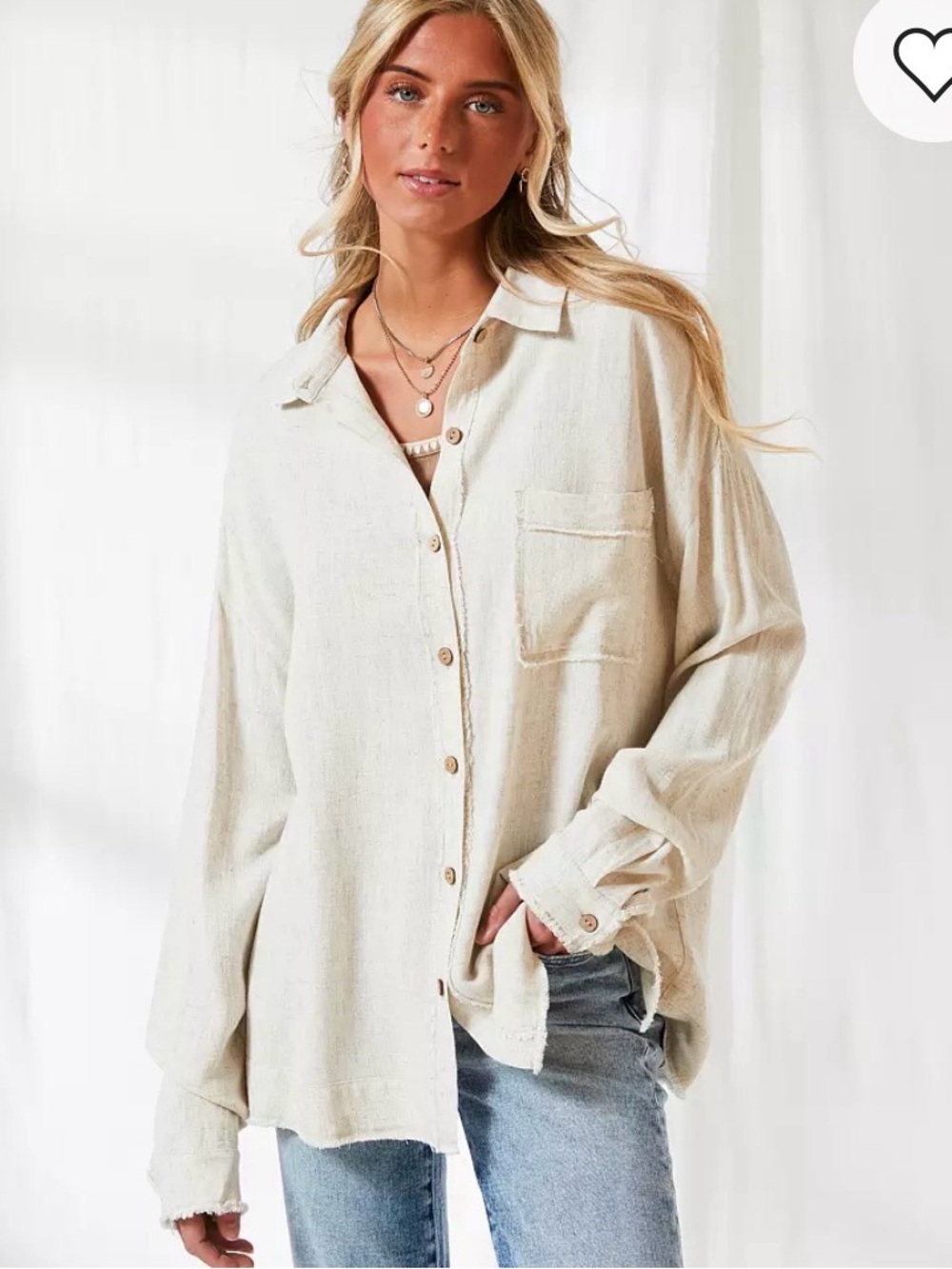 BKE Cream Button-Front Oversized Shirt LINEN BLEN oatmeal color